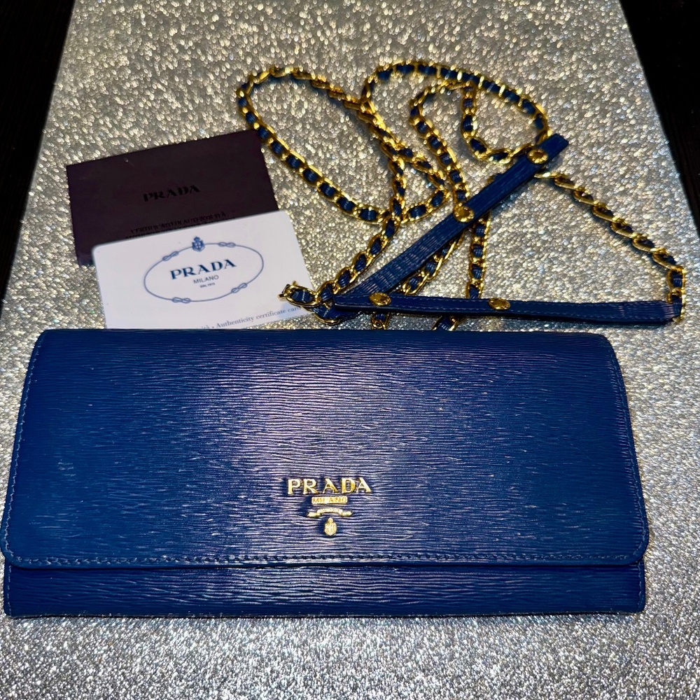 Prada Saffiano Leather Blue Wallet on Chain